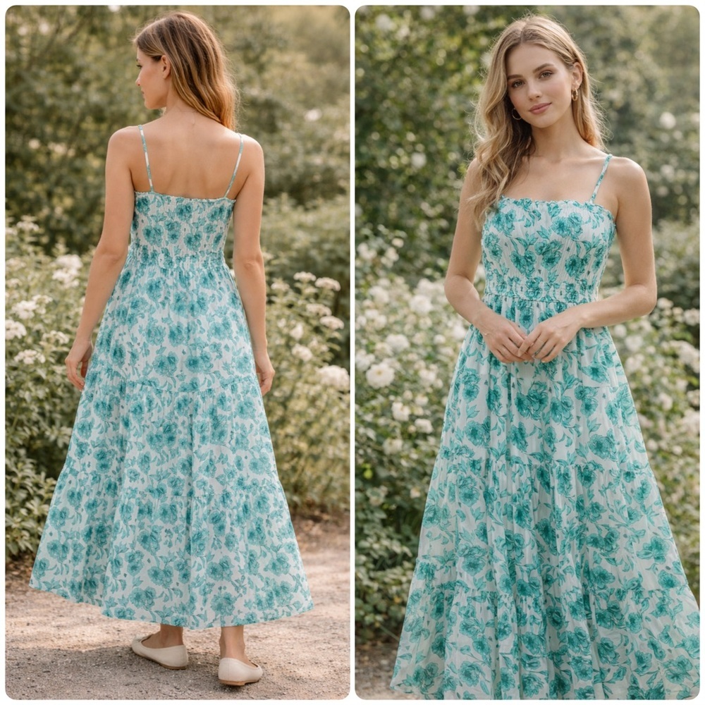 CELINA MOON Teal Floral Smocked Bodice Tiered Maxi Dress